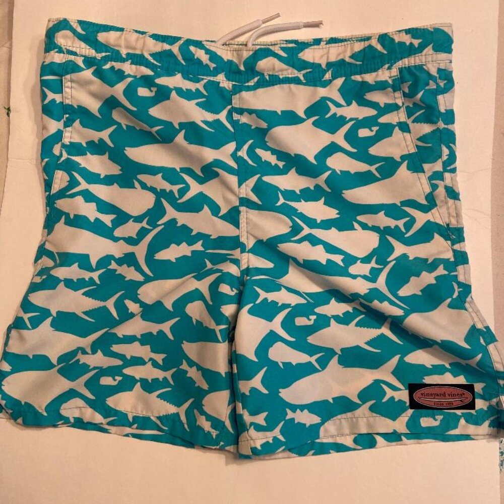 Vineyard Vines Preppy Swim Trunks Blue Lined Board Shorts with Sharks, Medium